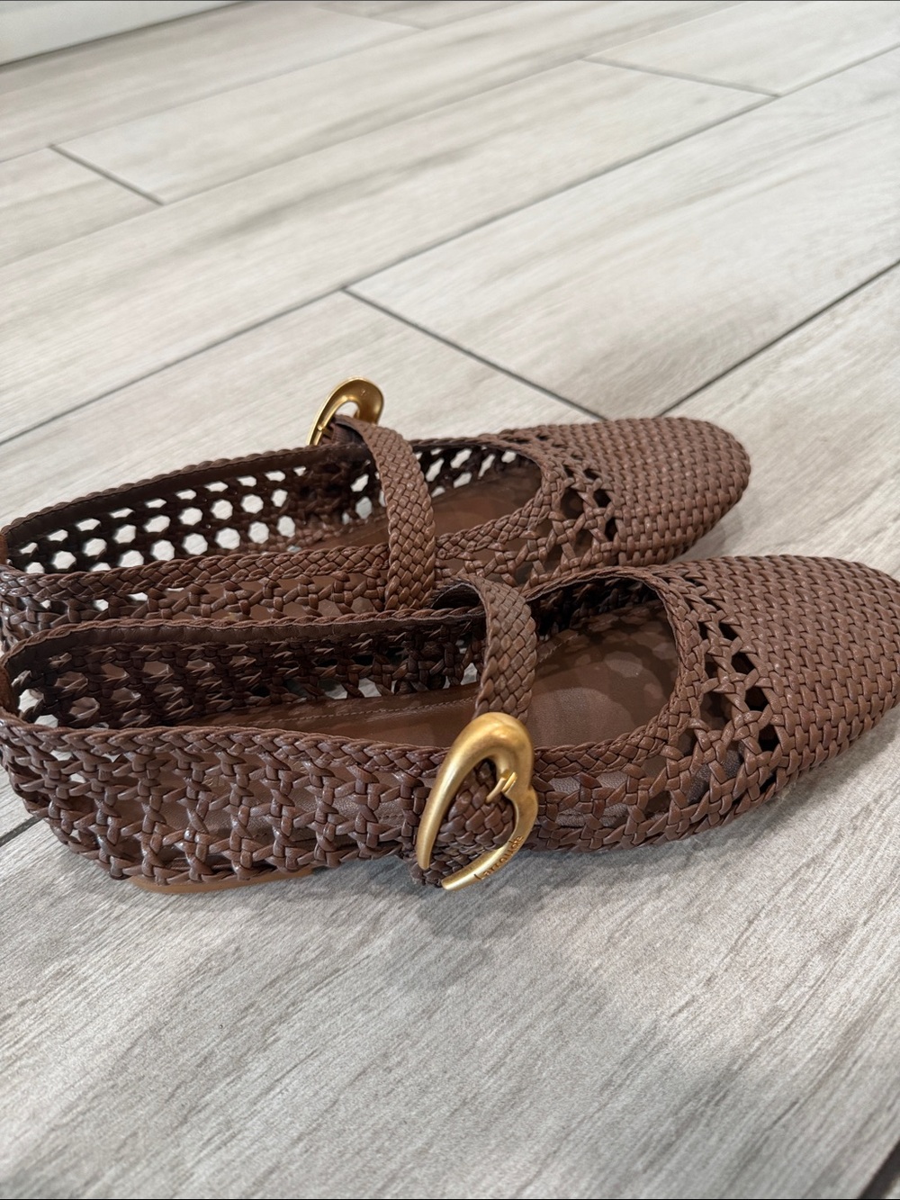 Larroude Woven Mary Jane Flats in Brown with Gold Buckle - Picture 2 of 6
